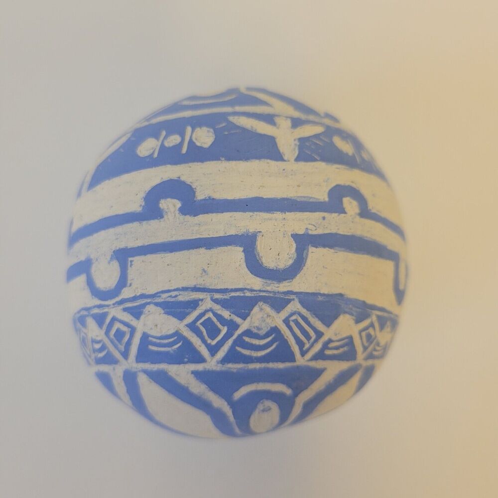 Art Form Handm Pottery Clay Sphere Ball Rattle Inside Blue/White Abstract Design